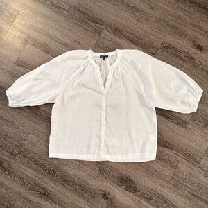 Repeat Buttoned Linen Puff Sleeve Blouse